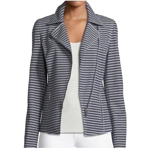 Lafayette 148 Julius Twill Moto Jacket
Asymmetrical Full Zip Striped Blue SZ 14 - Picture 4 of 5